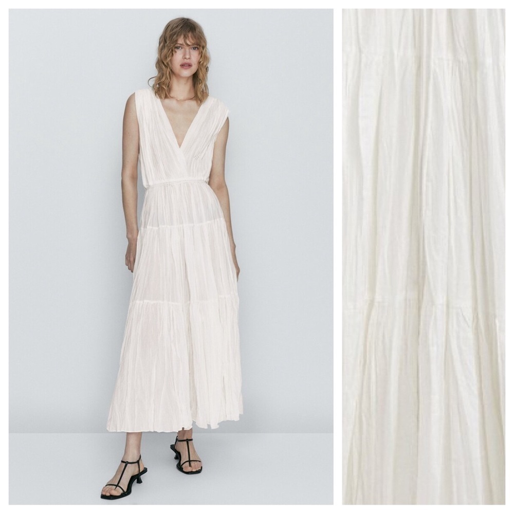 NWT. Massimo Dutti White 100% Cotton Pleated Midi Dress with Drawstring. Size L. - Picture 2 of 12